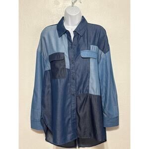 A.N.A.  Denim Patchwork Button Up Shirt M Color Blocked Denim on Denim Trend